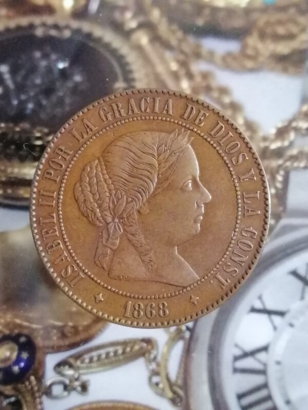 Isabel II. 5 Céntimos de Escudo 1868 Jubia OM cobre