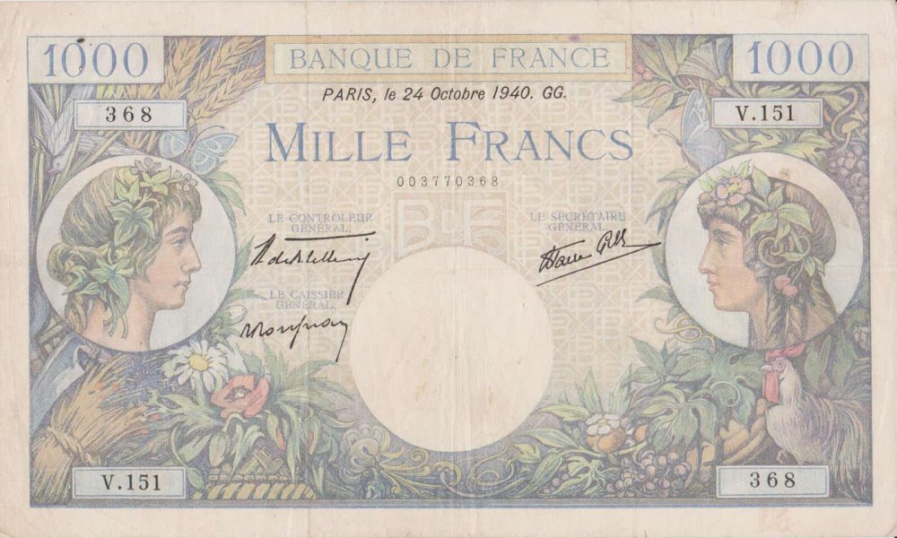francia mil francos 24 octubre 1940 Bletterie/Rousseau / Favre-Gilly