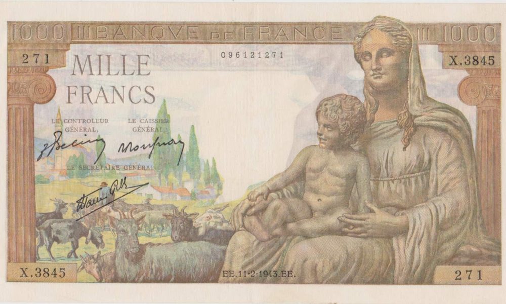 francia 1000 francos 1943 billetes antuguos