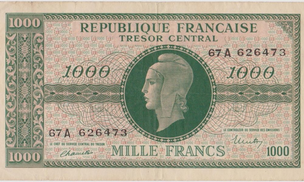 antiguo billete francia 1944 1000 francos